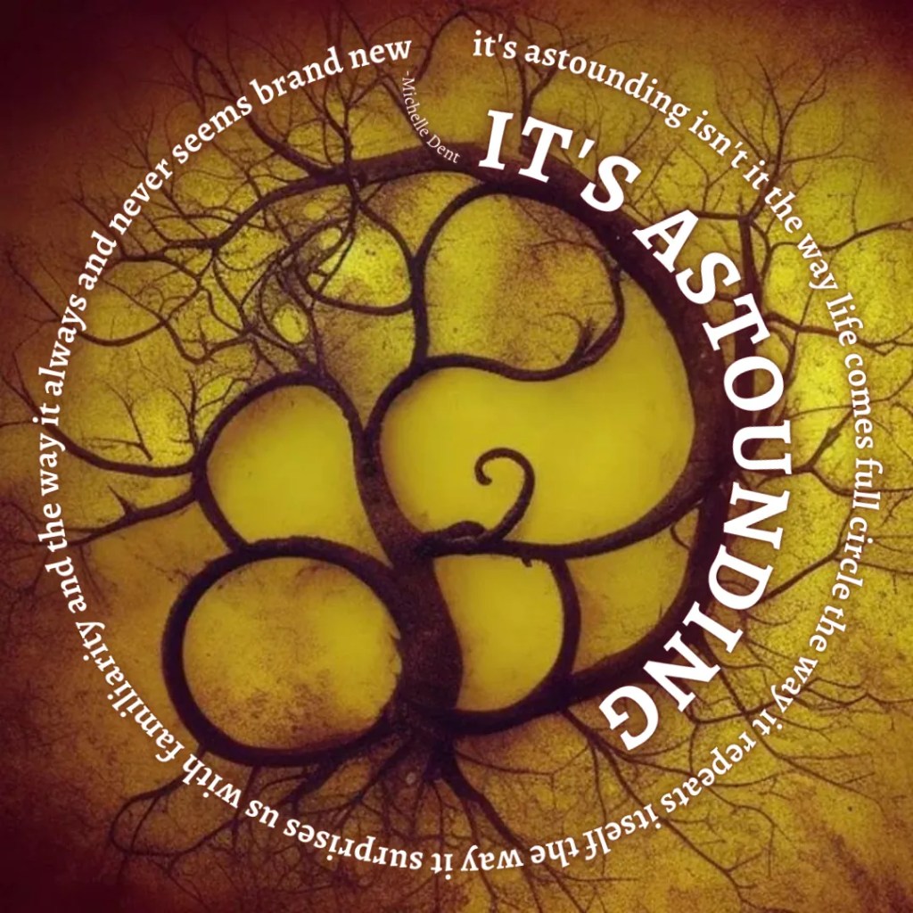 a poem by Michelle Dent called IT'S ASTOUNDING is superimposed over an image of a tree growing in circles