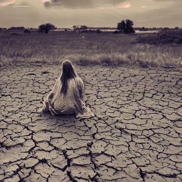 awakening - a woman sits on the dry parched ground looking off in to the wilderness
