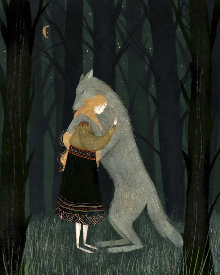 Illustration by Taryn Knight of a woman and a wolf hugging each other at night in the woods