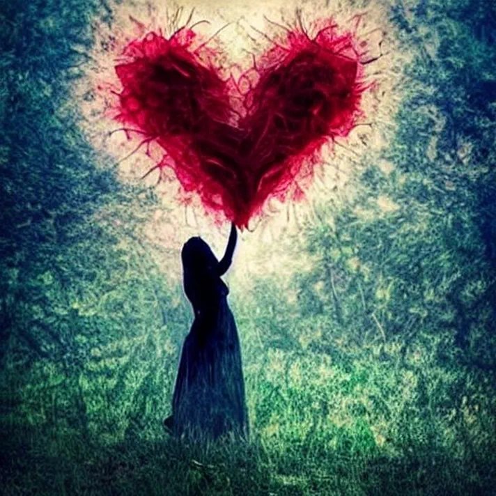 mary oliver - woman touching a floating heart in the woods