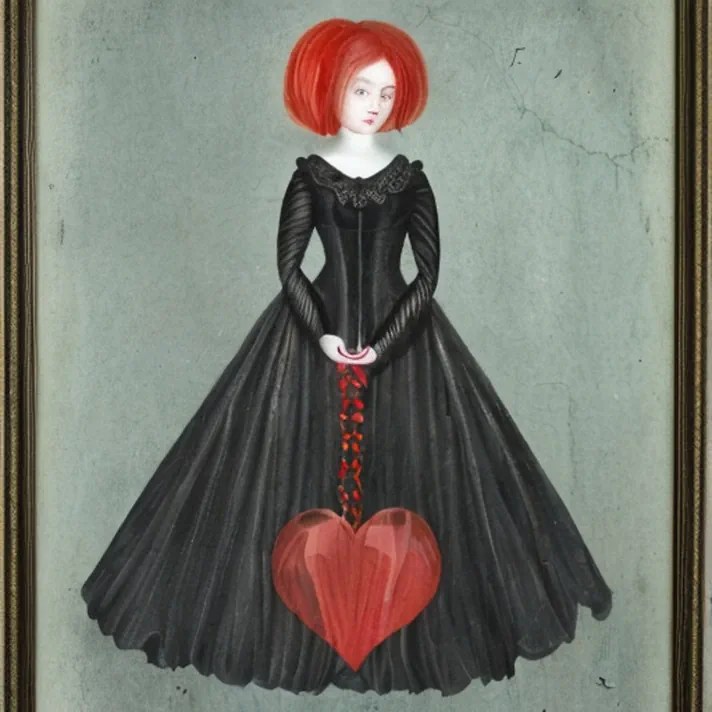 missing - a red haired doll holding a heart with a knowing expresion on her face