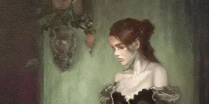 missing - a red haired woman sitting in a frilly dress