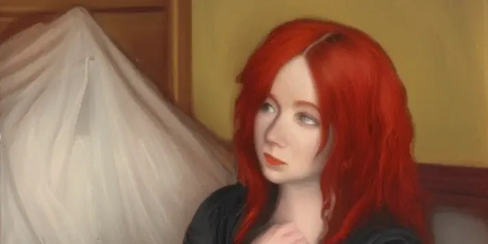 missing - a red haired woman sitting on a bed wondering what she forgot