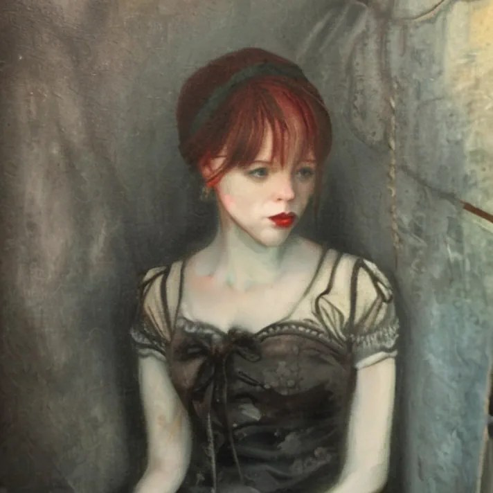 missing - a red-haired woman with a lonely expression on her face