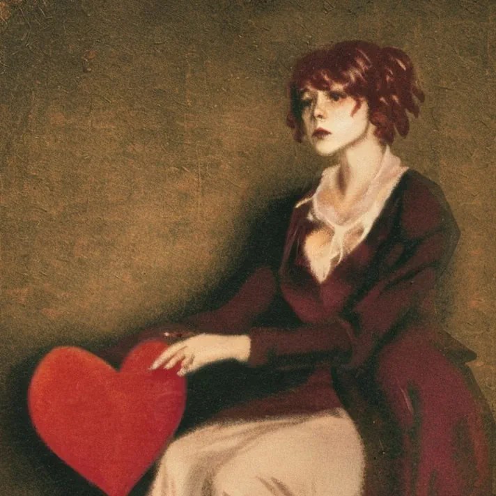 missing - a red haired woman with one good eye holding a heart