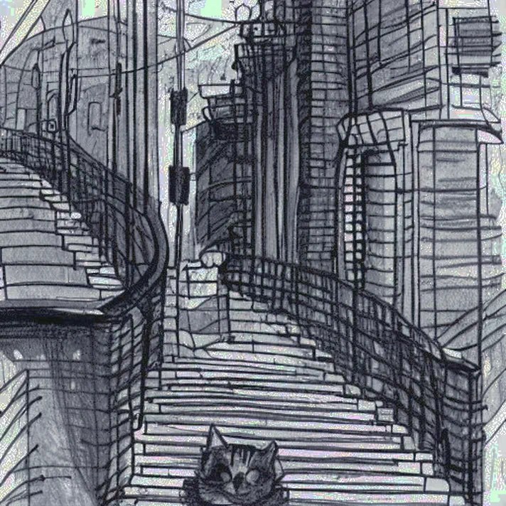 pathways - a cat decending a pathway of stairs during the night