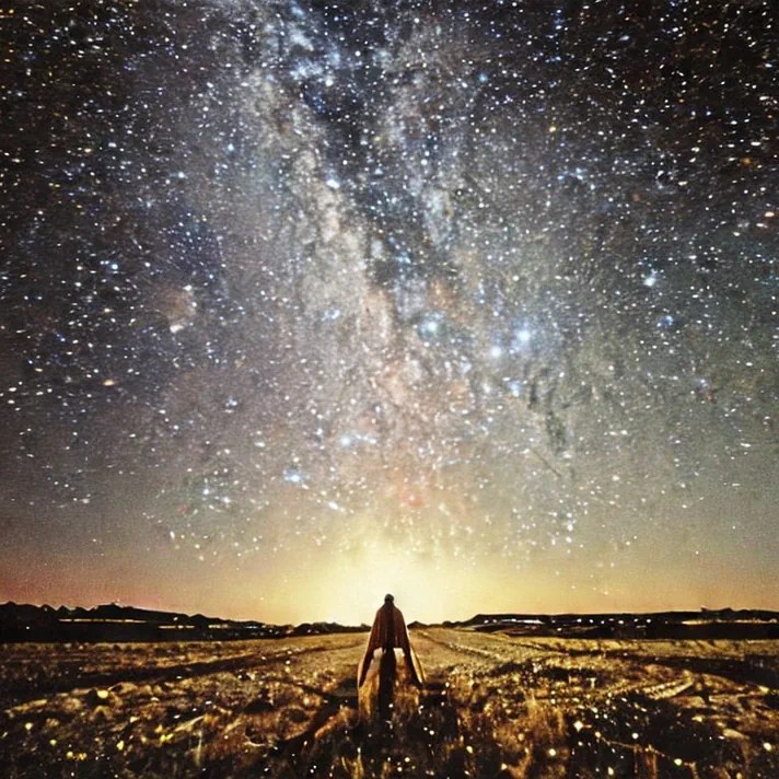 starred - a woman in a cloke in a field under the night sky full of stars