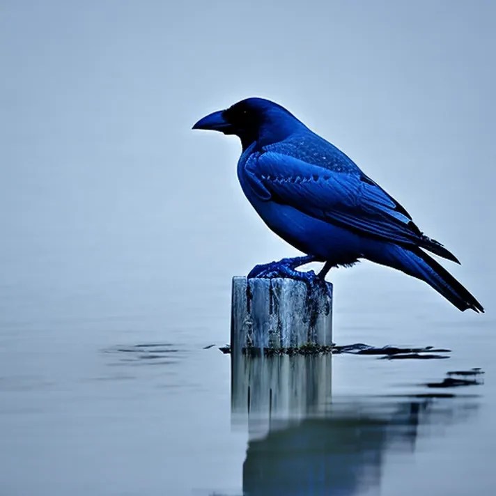 tried and true - a blue raven stands on a post rising above the water