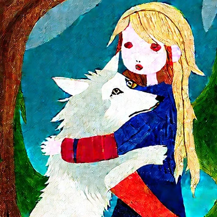 wake me when the wolves come out to play - a woman and a wolf hugging each other in the woods
